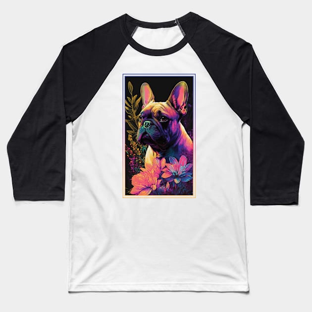 French Bulldog Dog Vibrant Tropical Flower Tall Digital Oil Painting Portrait Baseball T-Shirt by ArtHouseFlunky